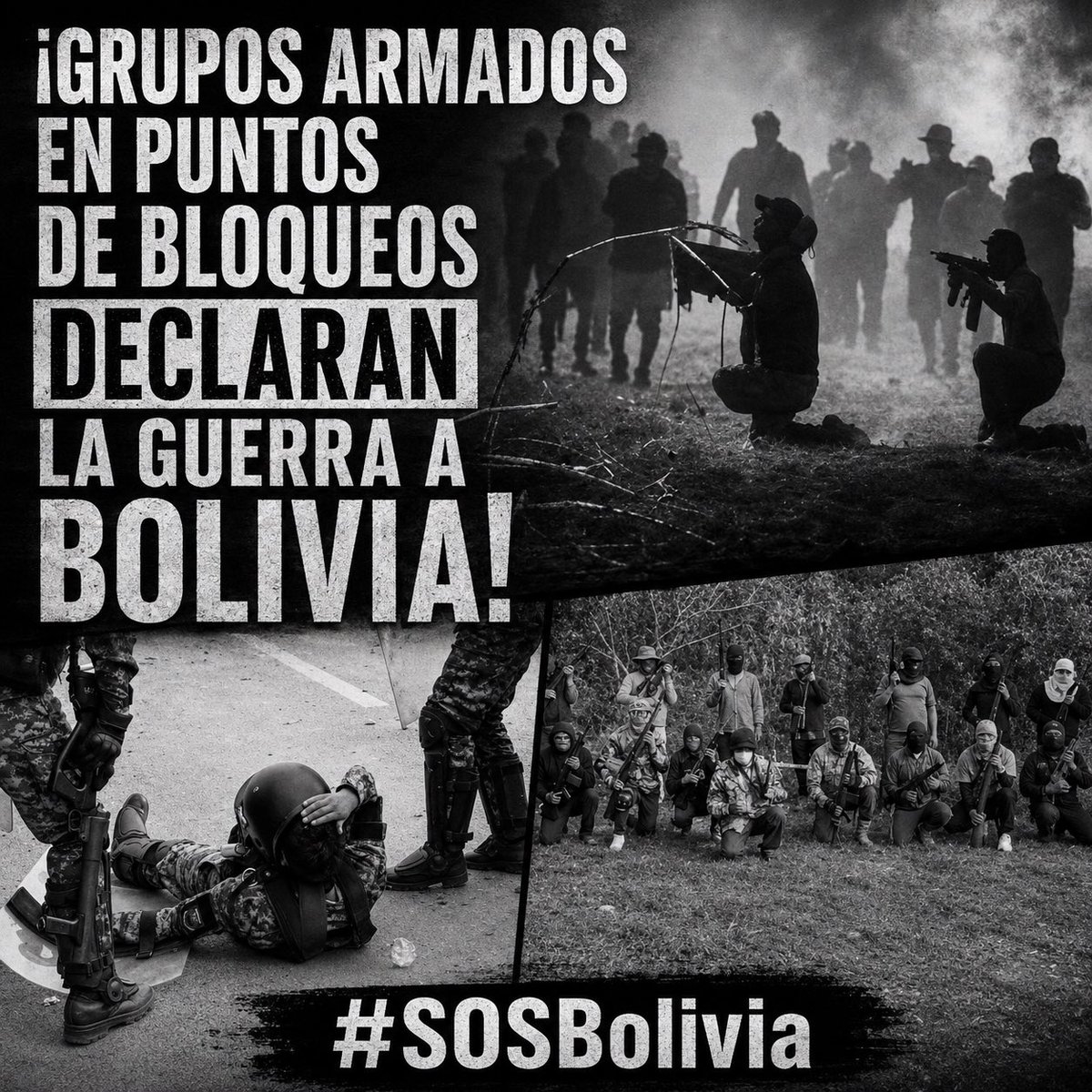AgustinZambrana's tweet photo. 🚨🚨Hacemos un llamado URGENTE a la comunidad internacional —OEA, ONU, cuerpo diplomático y organismos de derechos humanos— a observar Bolivia.

Han declarado la Guerra grupos armados que disparan contra policías, bloquean rutas por la fuerza y dejan a millones de bolivianos sin alimentos, combustible, medicina ni oxígeno.

Esto dejó de ser protesta…es violencia armada contra la paz de una nación entera.

El mundo tiene que mirar Bolivia. Hoy, no mañana.

#SOSBolivia🇧🇴