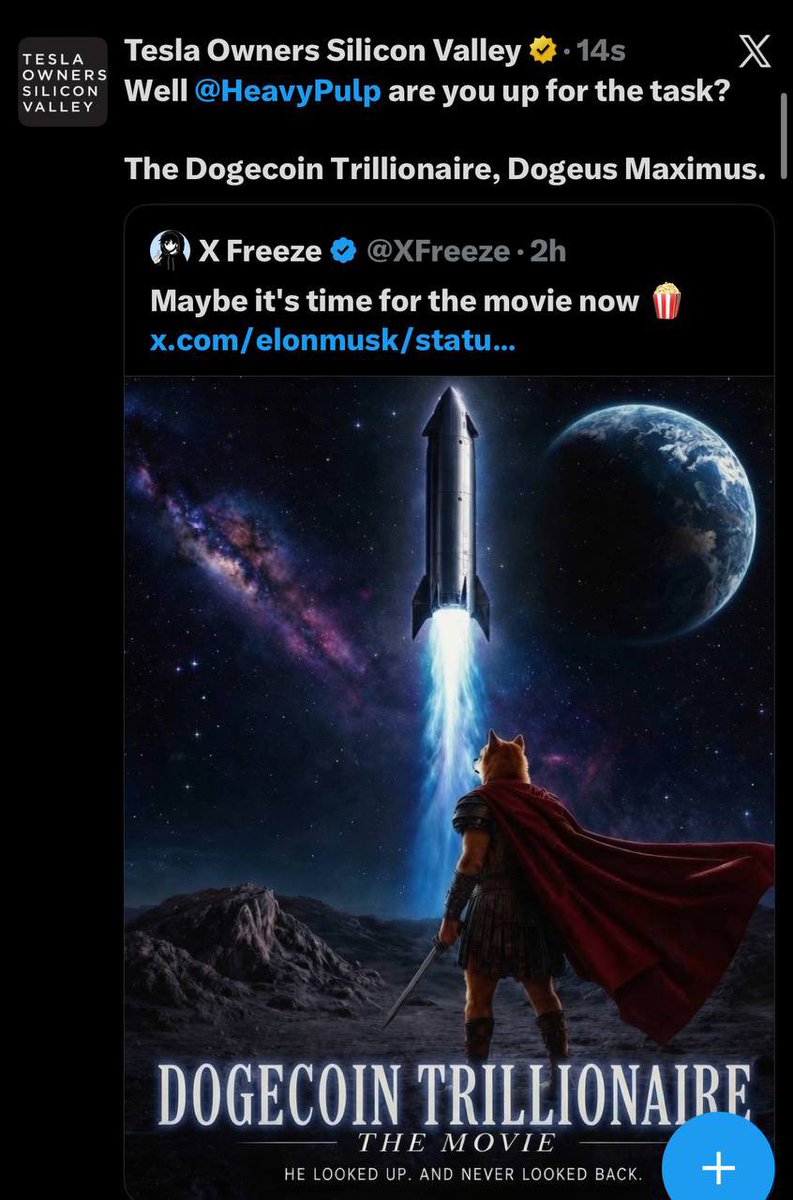CryptoYeezussss's tweet photo. Heavy pulp says yes to doing the movie -> he makes movie of $Dogeus Maximus -> Elon shares it for the movie he asked for 👀 This is a whole nother level from an Elon engagement 🤯🚀 if this happens we’re talking billis now 🔥 so much HIYORR 📈

https://t.co/CLXo0JLsCF https://t.co/LTMsIpmAoX