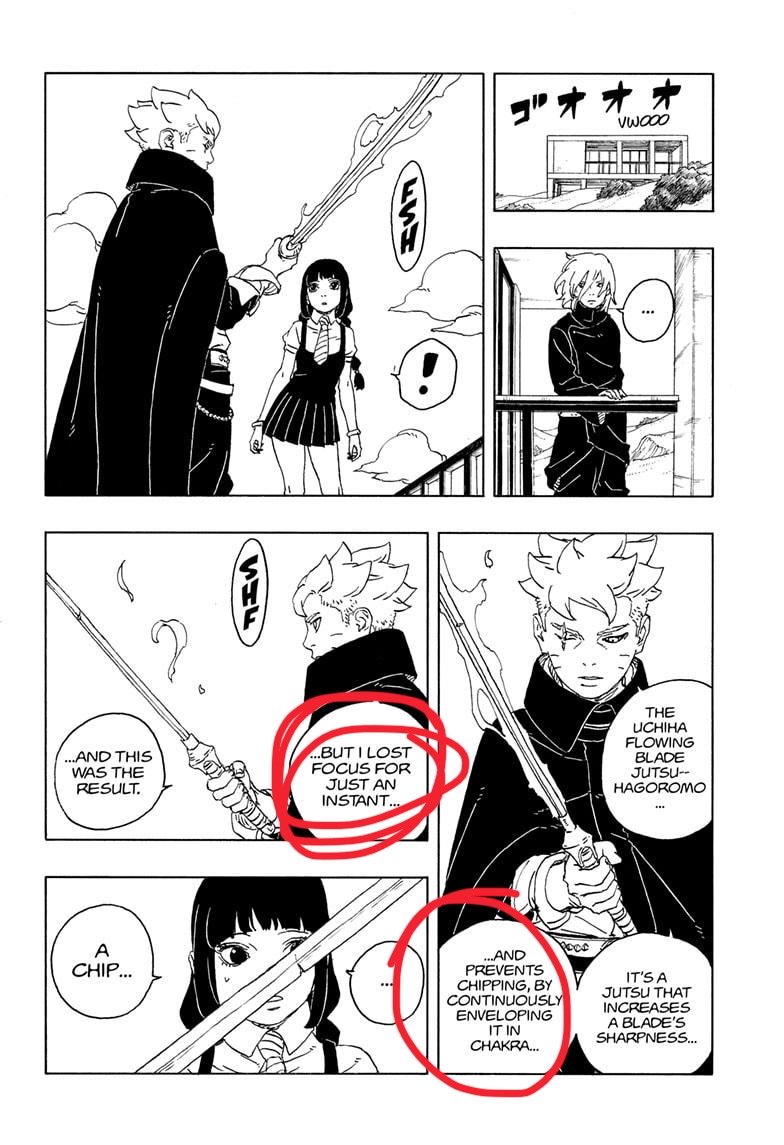TempTruth's tweet photo. @Marcelpi3 @Kurorealciel2 This statement means he was using it the whole fight and his other fights but lost it in this instance, YET we only see it flowing here. Meaning (obviously) illustrators can choose whether or not to draw chakra around weapons regardless of it being there https://t.co/XCTKtltl6L