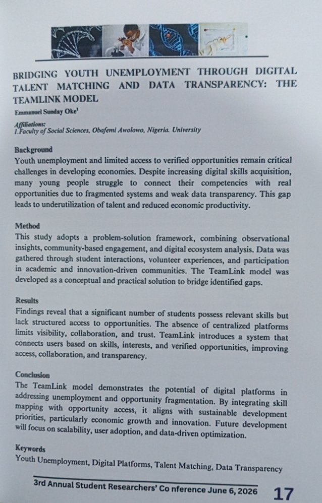 TeamLinkNet's tweet photo. Yesterday, was the SRC 2026 Conference. One of the highlights for us was the inclusion of our research abstract, "Bridging Youth Unemployment Through Digital Talent Matching and Data Transparency: The TeamLink Model," in the official Book of Abstracts.
#TeamLinkNet #SRC2026 https://t.co/Yrh6X8a8sE