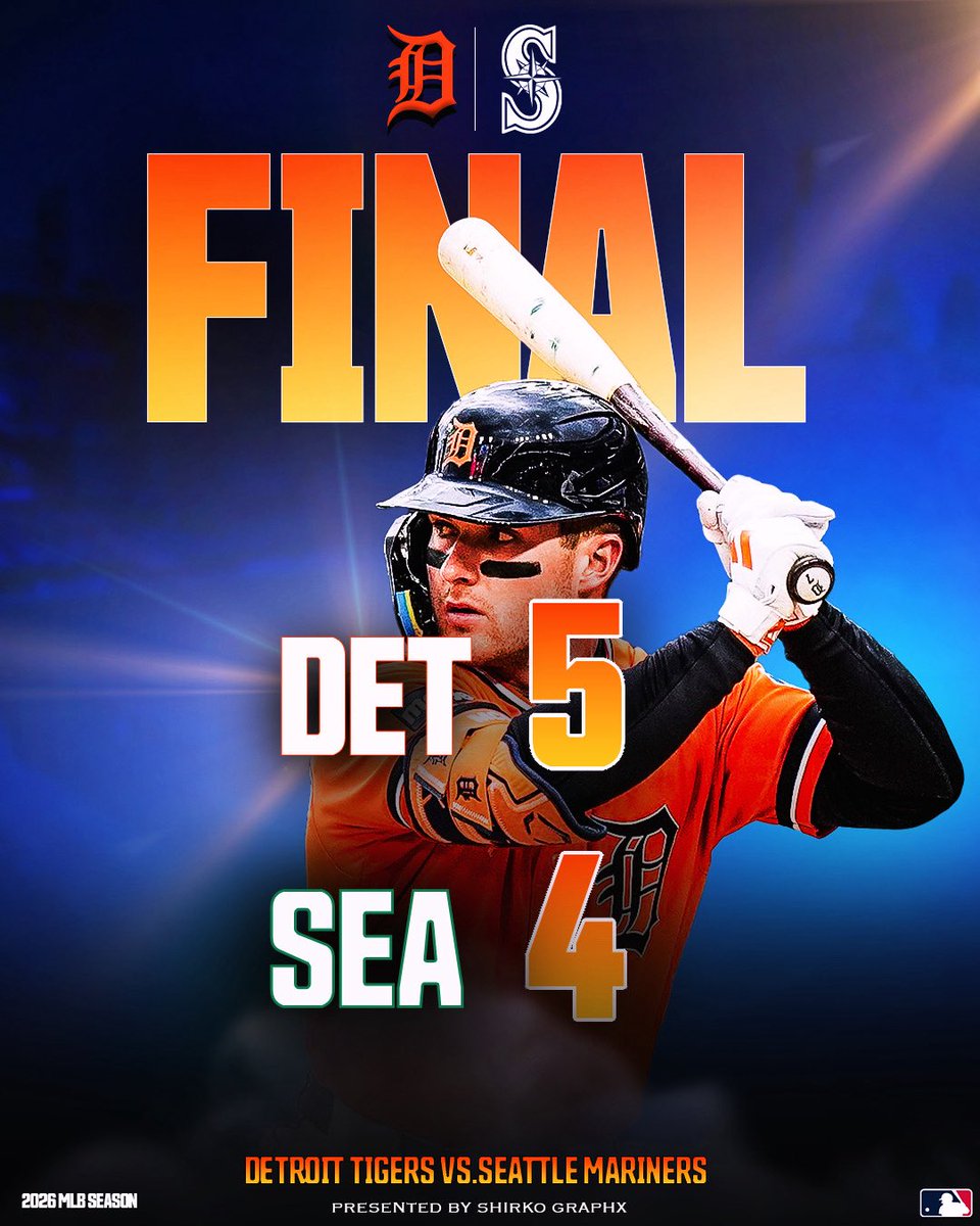 ShirkoGraphX's tweet photo. Final: Tigers win.

Kevin McGonigle comes through and the Tigers take the series in Seattle.

#DetroitTigers #mlb2026 #shirkographx #kevinmcgonigle https://t.co/Sym4M9RSUR