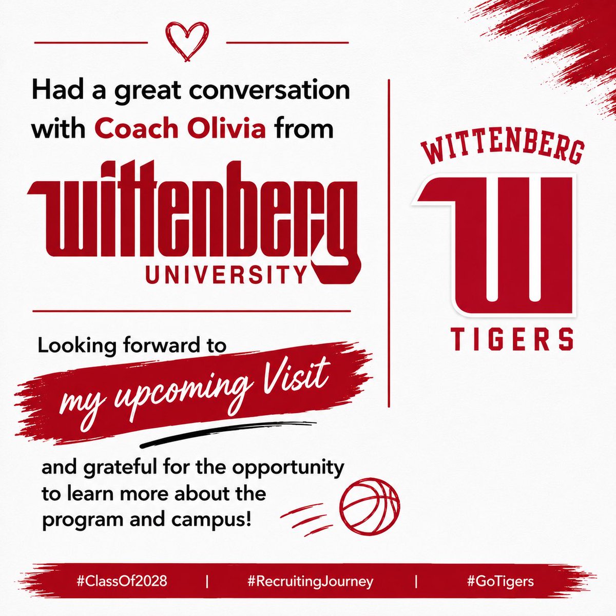 BasketballMylee's tweet photo. Had a great conversation with Coach Olivia from Wittenberg. Looking forward to my upcoming visit and grateful for the opportunity to learn more about the program and campus!
#ClassOf2028 #RecruitingJourney #GoTigers
@OhioPremierBas1 @NicosiaHenry @hoop4u @mvschool @wittwbb https://t.co/KNw3wBKSsi