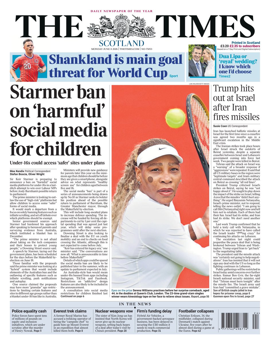 AndyGibsonTV's tweet photo. "STARMER BAN ON 'HARMFUL' SOCIAL MEDIA FOR CHILDREN"
@MaxKendix / @Stefan_Boscia / @Oliver_Wright for @TheTimes

Keir Starmer is preparing to announce a ban on “harmful” Social Media for under-16s in an attempt to win over Labour Party.

#TheTimesScotland
#TomorrowsPapersToday https://t.co/wRaqFUA3Y1