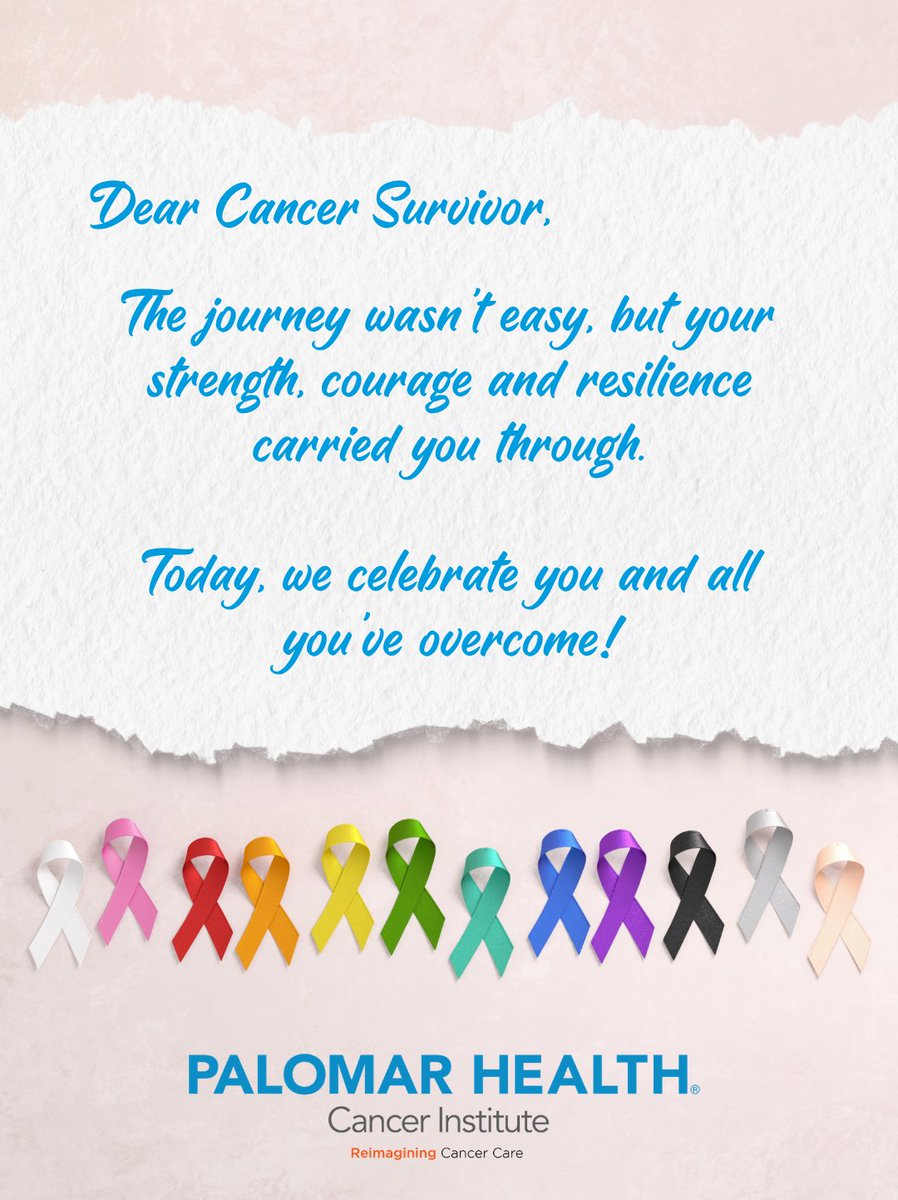 PalomarUCSDH's tweet photo. Happy National Cancer Survivors Day! Share this post to honor a cancer survivor in your life. 🎗️❤️

Learn more about cancer care at Palomar Health:
https://t.co/vMquCdDfAi

#CancerSurvivor #CancerCare #HealthcareProvider #SanDiegoHealth https://t.co/1ciSN7Uvw9