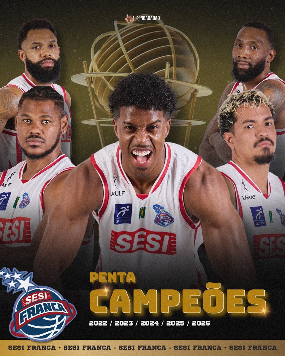 NBAdabad's tweet photo. É PENTACAMPEÃO! 🏆

A DINASTIA DO SESI FRANCA NO BASQUETE BRASILEIRO CONTINUA!

🏆 2022
🏆 2023
🏆 2024
🏆 2025
🏆 2026

3-1 PRA CIMA DO PINHEIROS NA FINAL DO NBB! https://t.co/8Pq0eYJWKJ