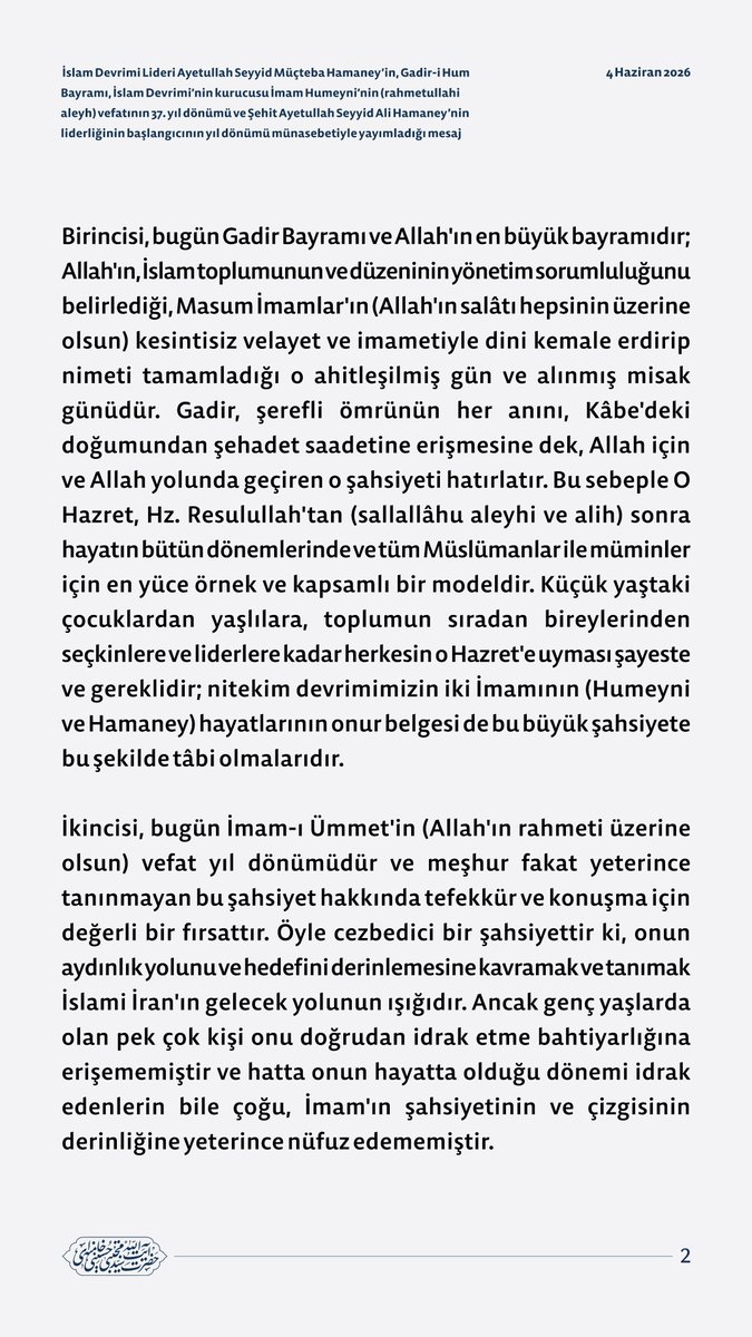 tr_MHamaney's tweet photo. İslam Devrimi Lideri Ayetullah Seyyid Müçteba Hamaney’in, Gadir-i Hum Bayramı, İslam Devrimi’nin kurucusu İmam Humeyni’nin (rahmetullahi aleyh) vefatının 37. yıl dönümü ve Şehit Ayetullah Seyyid Ali Hamaney’nin liderliğinin başlangıcının yıl dönümü münasebetiyle yayımladığı mesaj https://t.co/bJN7opIS5g