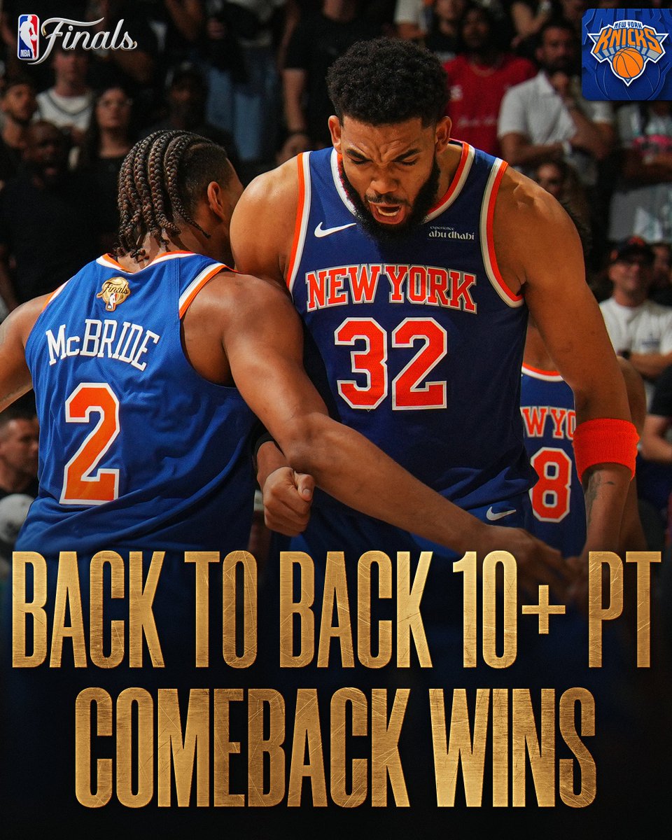 NBA's tweet photo. Following back-to-back comeback wins in Games 1 and 2, the Knicks are just the 6th team since 1971 to win consecutive NBA Finals games after trailing by 10+ points!

They join:

▪ 1975 Warriors
▪ 1983 Sixers
▪ 1997 Bulls
▪ 2006 Heat
▪ 2012 Heat https://t.co/s9J6CjhZiR