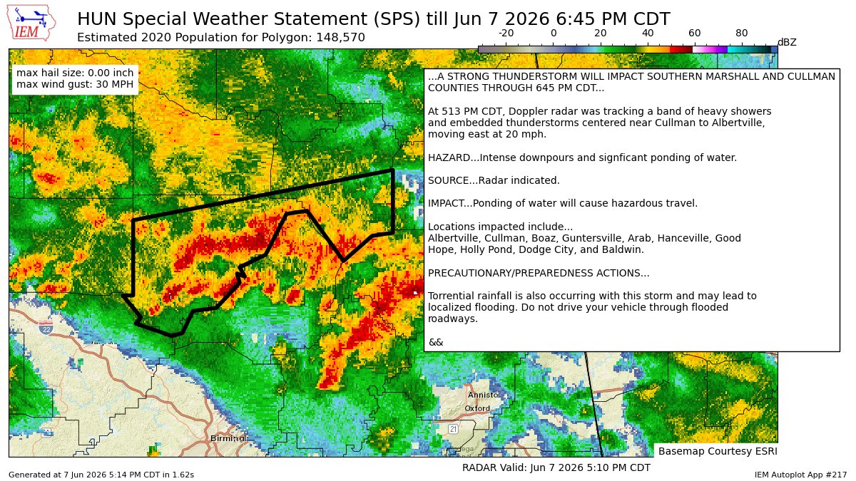 ALRadarCenter's tweet photo. A STRONG THUNDERSTORM WILL IMPACT SOUTHERN MARSHALL AND CULLMAN COUNTIES THROUGH 645 PM CDT [wind: <30 MPH, hail: 0.00 IN] https://t.co/JolhJUPJAj https://t.co/iTIcAdV961