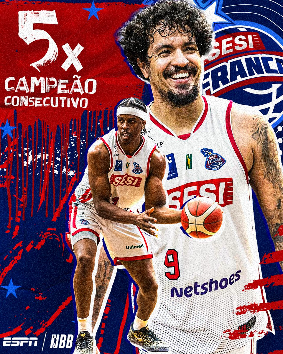 ESPNBrasil's tweet photo. PENTACAMPEÃO! 🏆🏆🏆🏆🏆 O Franca vence o Pinheiros no Jogo 4 por 85 a 76 e se consagra campeão da NBB pela quinta vez seguida! HISTÓRICO!

👉 Assista à NBB na ESPN pelo Plano Premium do #DisneyPlus!

#NBBNaESPN #Franca https://t.co/eXFVfBMikN