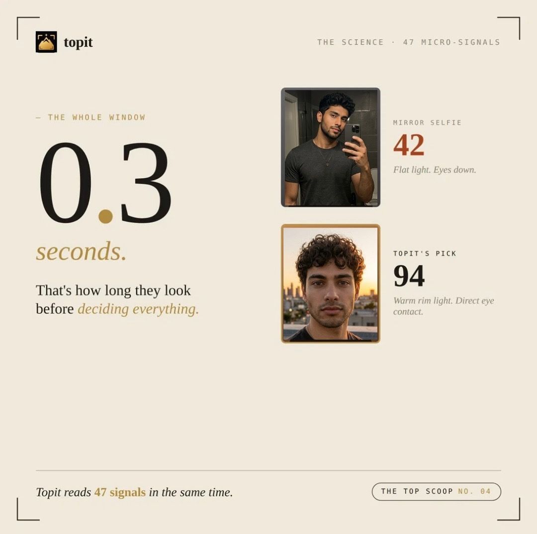 Topit_AI's tweet photo. 0.3 seconds, that's how long it takes… Someone decides everything about you in 0.3 seconds. Before they read your bio. Before they know your name. Topit reads it all for you.
Pop it. Drop it. Topit.
#topit #firstimpression #cameraroll https://t.co/fj6GoKA6cO
