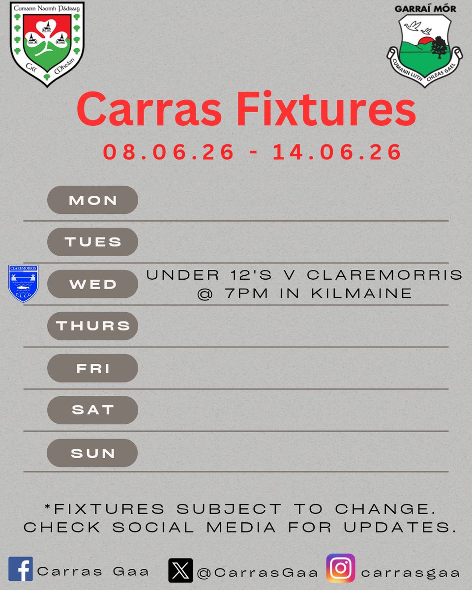 CarrasGaa's tweet photo. Just the one fixture this week

Homeland Under 12 Spring League - Group 3
Round: Round 7
Date: Wednesday 10th June
Venue: Kilmaine
Carras V Claremorris
Time: 7pm
Ref: Padraic Costello Snr https://t.co/qIDuLX3179