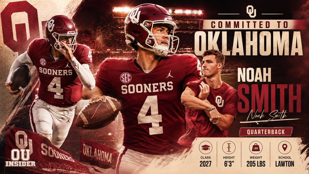 NOAH_SMITH011's tweet photo. After a fantastic conversation with @CoachVenables Blessed to receive and accept an offer from @UofOklahoma 
Thank you to my family, coaches, teammates, and everyone who has supported me through this journey. 
QB | Class of 2027
Let the work begin!!!!

#BoomerSooner #Committed #QB2027 @OU_Football @OU_Athletics @BVFootballCamps @CoachVenables @arbuckle_ben @BlaiseBentsen @Coach_Kuz @CoachEmmett @OU_CoachB @JimNagyOU @GoLawton @lowill99 @CoachGeorge5 @QBimpact @PrepRedzoneOK @6starfootballOK
