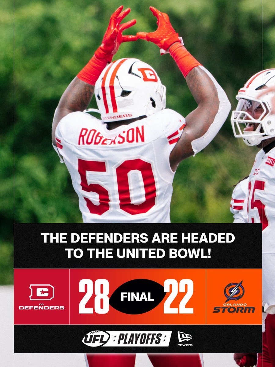 TheUFL's tweet photo. THE DEFENDING CHAMPIONS GET THEIR SHOT! 

A playoff win over Orlando sends DC home to Audi Field for the United Bowl presented by Credit One Bank. https://t.co/f0RRbMjVLE