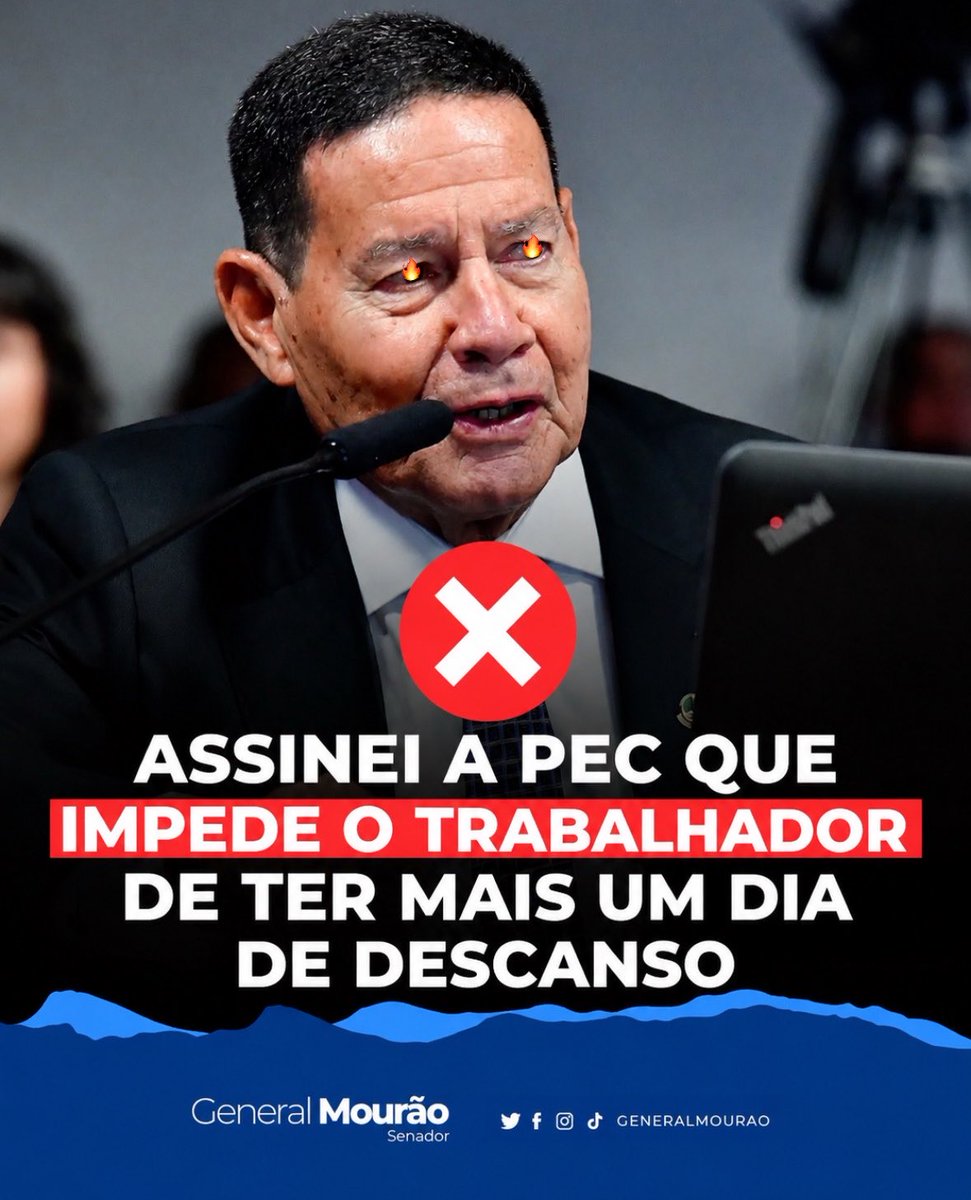 wewannapeace123's tweet photo. 🚨RETROCESSO🚨

Senador @GeneralMourao assinou a pec do patrão e é contra o fim da escala 6x1.

VAMOS FAZER BARULHO, REPOSTEM! https://t.co/w8TbPCDclk