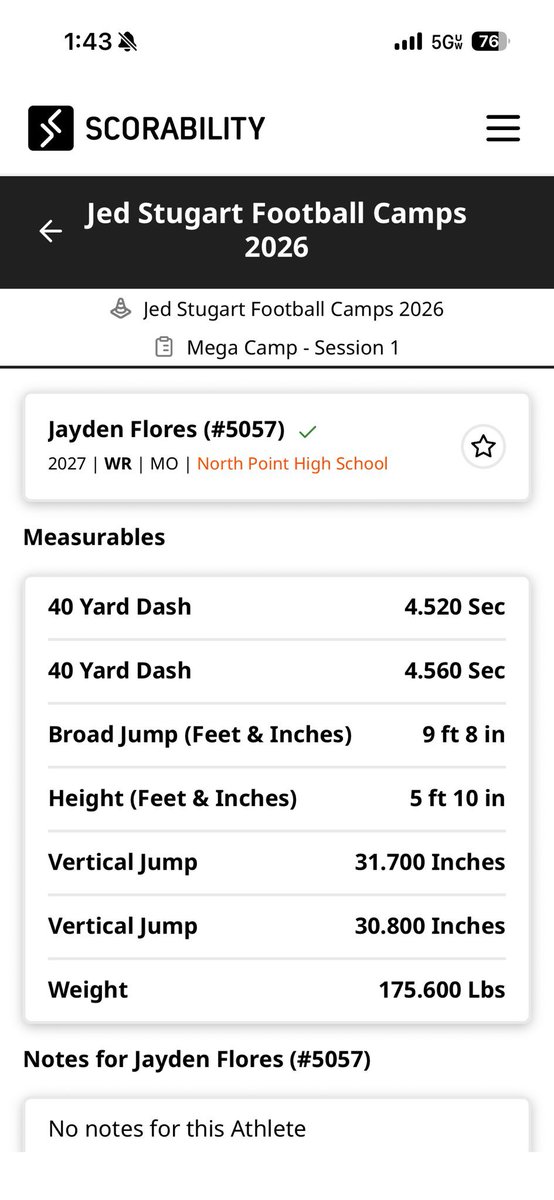 Jayden_Flores2's tweet photo. Measurables from the Lindenwood mega camp! @mikeglassiii @Coach_NorthFB @Coach_ZuckMCK @Bridge2Football @CoachLozano23 @coachbenson_ @CoachSchnabel @CoachJackson32 @JPRockMO @MikeGant99 https://t.co/kU2soilUj8