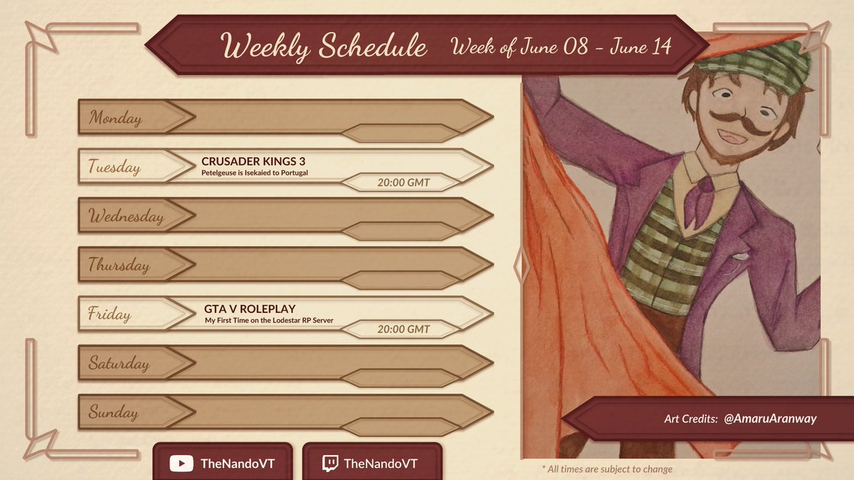 TheNandoVT's tweet photo. An interesting week ahead: 
🏰Tuesday at 20:00 GMT - CK3: Petelgeuse Gets Reincarnated Into Portugal | Re:Zero Roleplay Run
🪙Friday at 20:00 GMT - GTAV RP: My First Ever RP Experience | Ace Myles Enters Los Santos (Lodestar RP) https://t.co/Ex1mLifu06