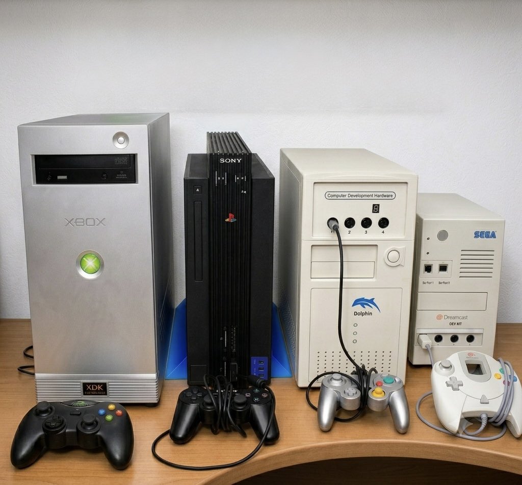 RinoTheBouncer's tweet photo. Dev kits for Xbox, PlayStation 2, GameCube and Dreamcast side by side🚀

This great generation belongs in the Louvre🥹 https://t.co/8lWZDiuHVR