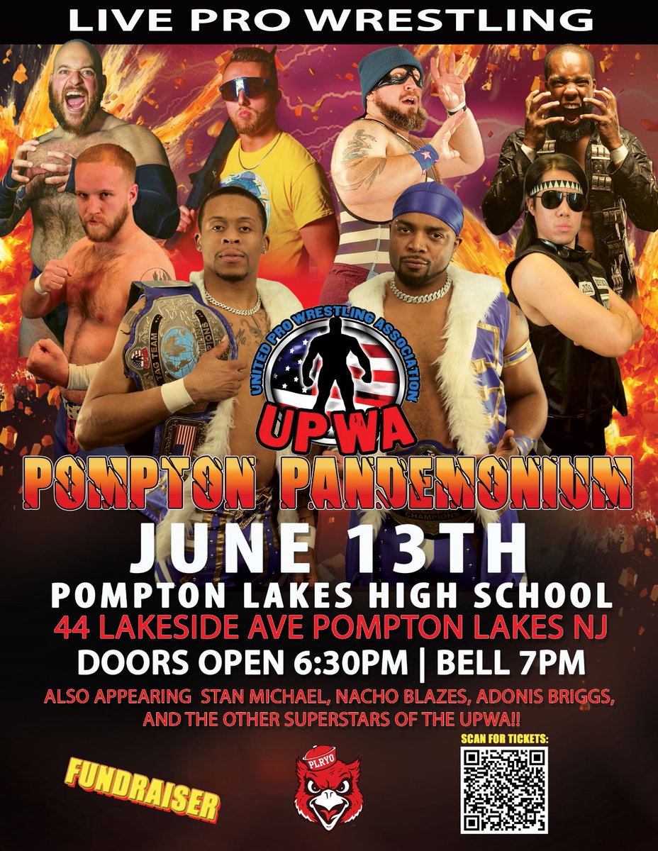 UPWA_Pro's tweet photo. Don't miss a great night of action on June 13th as the UPWA invades Pompton Lakes High School to host Pompton Pandemonium! This event is a fundraiser for the Pompton Lakes Riverdale Youth Organization.

https://t.co/tWANXqCylj https://t.co/Nmydr0N1vW