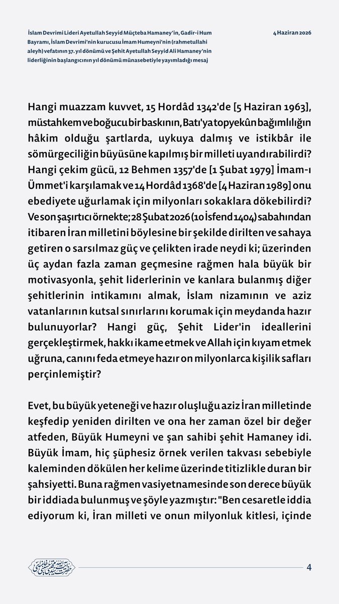 tr_MHamaney's tweet photo. İslam Devrimi Lideri Ayetullah Seyyid Müçteba Hamaney’in, Gadir-i Hum Bayramı, İslam Devrimi’nin kurucusu İmam Humeyni’nin (rahmetullahi aleyh) vefatının 37. yıl dönümü ve Şehit Ayetullah Seyyid Ali Hamaney’nin liderliğinin başlangıcının yıl dönümü münasebetiyle yayımladığı mesaj https://t.co/bJN7opIS5g