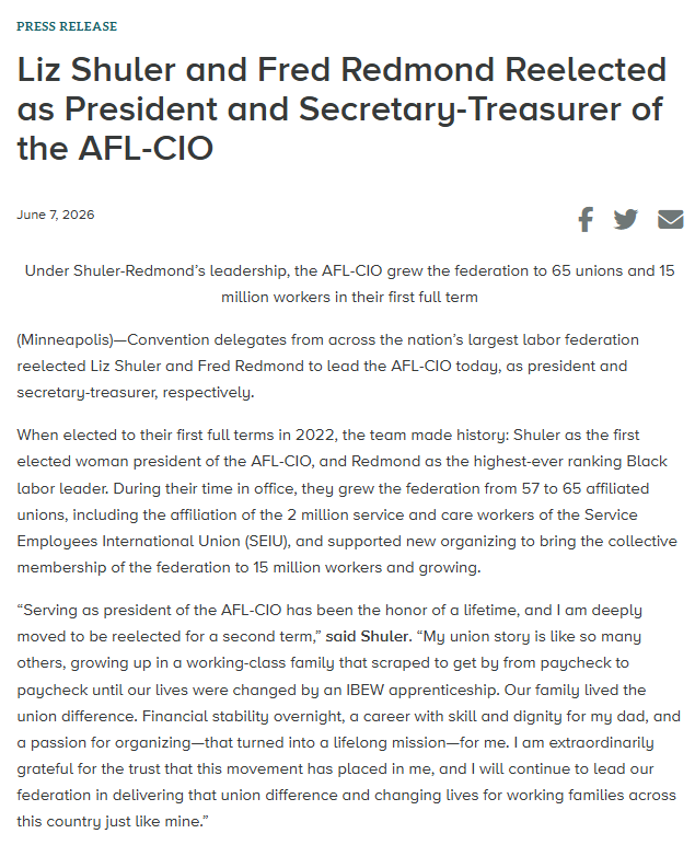AFLCIO's tweet photo. Convention delegates from across the nation’s largest labor federation reelected @LizShuler and @STRedmond to lead the AFL-CIO today, as president and secretary-treasurer. https://t.co/J42TqlSiaZ https://t.co/BqzsrLwNmQ