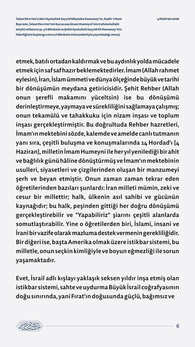 tr_MHamaney's tweet photo. İslam Devrimi Lideri Ayetullah Seyyid Müçteba Hamaney’in, Gadir-i Hum Bayramı, İslam Devrimi’nin kurucusu İmam Humeyni’nin (rahmetullahi aleyh) vefatının 37. yıl dönümü ve Şehit Ayetullah Seyyid Ali Hamaney’nin liderliğinin başlangıcının yıl dönümü münasebetiyle yayımladığı mesaj https://t.co/3kCN725gid