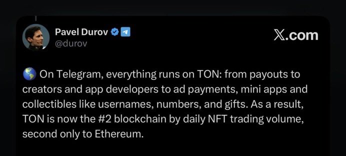 0xdamx's tweet photo. My take: Bullish!

And here’s my reasoning:

Every new payment option pulls in people who never held $TON, or even USDT on TON. Someone sitting on USDC on Base can now spend inside the @Telegram’s economy without touching a new wallet. That’s a huge pool of users with basically zero friction to get started.

The part most people miss, and it’s actually bigger than you think: Telegram is now collecting stablecoins directly instead of selling $TON to cover its dollar costs. Durov has said before that they sell the surplus TON to long-term investors, with lockups, to keep Telegram’s share around 10% and avoid too much concentration. I broke that down a bit here replying to someone that was fudding Telegram for holding so much TON: https://t.co/FKUrsZqsdh

So in plain terms, Telegram used to need dollars to pay server bills, etc., and one way to get them was selling TON. Now people are paying in stablecoins directly, so there’s less reason to sell TON, and a pile of stable coins just stacking up. And mind you, this is only for Telegram services like Premium and Stars, not Telegram assets like usernames, numbers, and gifts.

That last bit is where people are getting confused. They see USDT and USDC as payment methods for these services and assume Telegram is ditching $TON. But all the on-chain stuff still runs fully on $TON. Usernames, numbers, gifts, the whole Fragment collectibles market, every bit of that still moves in $TON. Even ads & revenue share. Same as always.

All that really happened is Telegram added an easier way to pay for services using the stablecoins people already have in their wallets. The TON side stayed exactly the same. They just stopped making every dollar of service revenue pass through a TON sale first.

So more people can come in and spend now, while keeping the core asset economy exactly where it was.

And here’s the part you should pay attention to👀….Once a company is sitting on that many stablecoin reserves, it opens up a lot of doors for what they could build or back with it later. I’ll leave it there for now. 

Just watch what Telegram does with those reserves over the next few months. 

You can fade TON here. I won’t :)