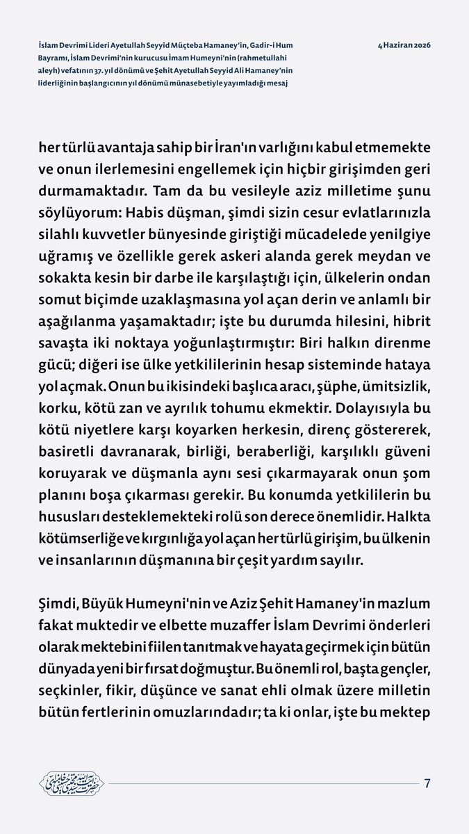 tr_MHamaney's tweet photo. İslam Devrimi Lideri Ayetullah Seyyid Müçteba Hamaney’in, Gadir-i Hum Bayramı, İslam Devrimi’nin kurucusu İmam Humeyni’nin (rahmetullahi aleyh) vefatının 37. yıl dönümü ve Şehit Ayetullah Seyyid Ali Hamaney’nin liderliğinin başlangıcının yıl dönümü münasebetiyle yayımladığı mesaj https://t.co/3kCN725gid