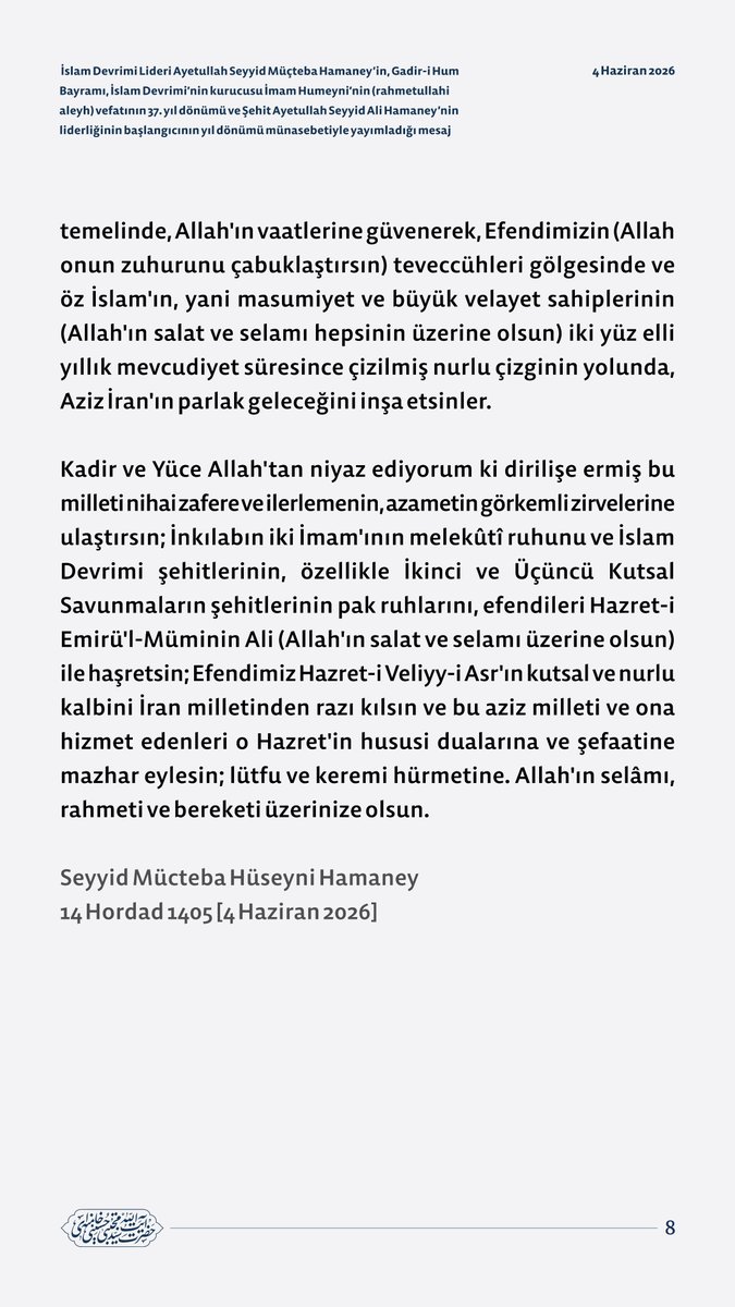 tr_MHamaney's tweet photo. İslam Devrimi Lideri Ayetullah Seyyid Müçteba Hamaney’in, Gadir-i Hum Bayramı, İslam Devrimi’nin kurucusu İmam Humeyni’nin (rahmetullahi aleyh) vefatının 37. yıl dönümü ve Şehit Ayetullah Seyyid Ali Hamaney’nin liderliğinin başlangıcının yıl dönümü münasebetiyle yayımladığı mesaj https://t.co/3kCN725gid