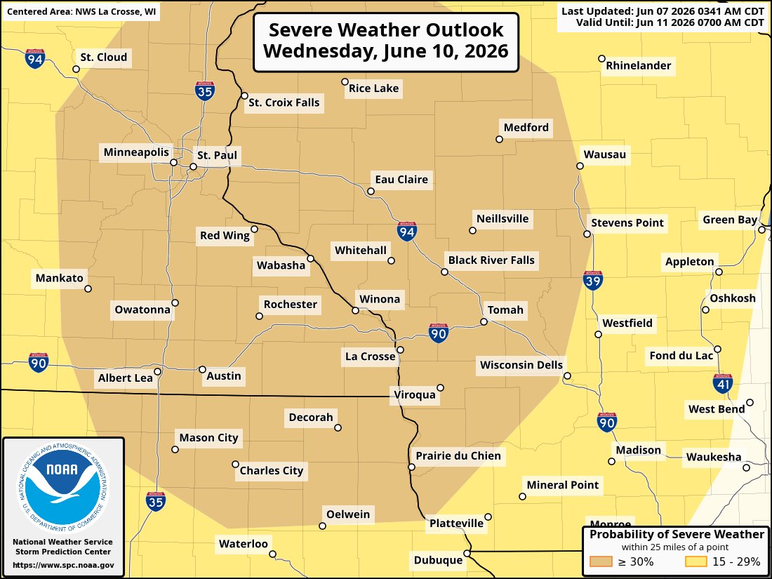 WxMinnesota's tweet photo. Severe weather, potentially significantly, is becoming increasingly likely Wednesday.

It is too early to determine exact hazards and timing, keep an eye on forecasts from trusted sources.

Our local NWS Offices are @NWSLaCrosse and @NWSTwinCities .

#MNwx #WIwx #IAwx https://t.co/feaE22Ohub