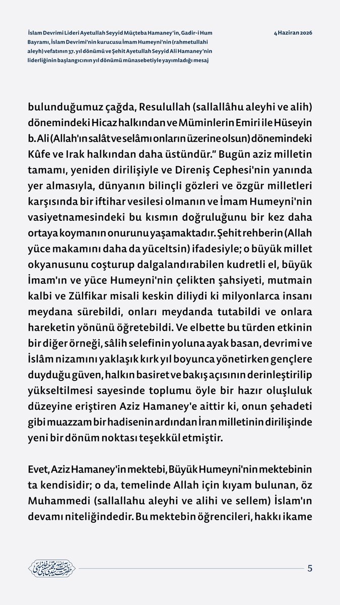 tr_MHamaney's tweet photo. İslam Devrimi Lideri Ayetullah Seyyid Müçteba Hamaney’in, Gadir-i Hum Bayramı, İslam Devrimi’nin kurucusu İmam Humeyni’nin (rahmetullahi aleyh) vefatının 37. yıl dönümü ve Şehit Ayetullah Seyyid Ali Hamaney’nin liderliğinin başlangıcının yıl dönümü münasebetiyle yayımladığı mesaj https://t.co/3kCN725gid