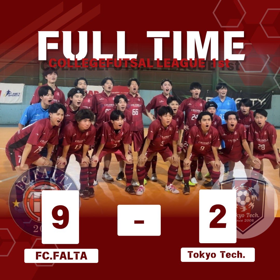 fcfalta's tweet photo. 【試合結果】
FULL TIME

カレッジフットサルリーグ 第1節

🆚東京科学大学フットサル部Toky Tech.

9-2

通算成績1勝0敗0分

 #フットサル #FCFALTA #ffcカレッジフットサルリーグ https://t.co/jCCbLjdMiR