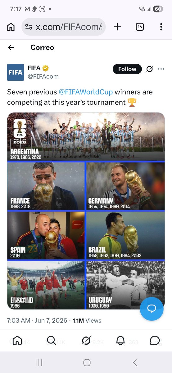 Vendedorbrown's tweet photo. @ManyaYo5yvos Cuenta oficial FIFA, posteo del 7/6/2026.

Uruguay: 2 copas del mundo.

Que verga quieren inventar? https://t.co/J3X2TAEmG9