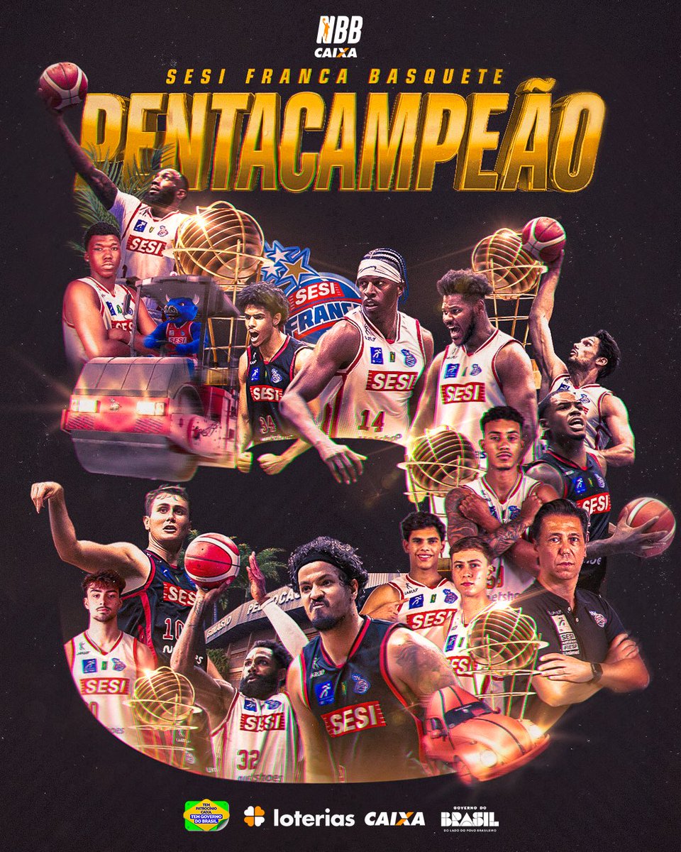 NBB's tweet photo. O SESI FRANCA É PENTACAMPEÃO! 🏆

O time francano venceu o Pinheiros na final e fez história: é o primeiro a conquistar cinco títulos consecutivos do NBB CAIXA. Mais uma página dourada para o maior campeão do basquete brasileiro! 🏀

#NossaTerraTemBasquete | #ClimaDeFinais | #Loterias | #GovernoDoBrasil
Onde tem Patrocínio, Tem Governo do Brasil.