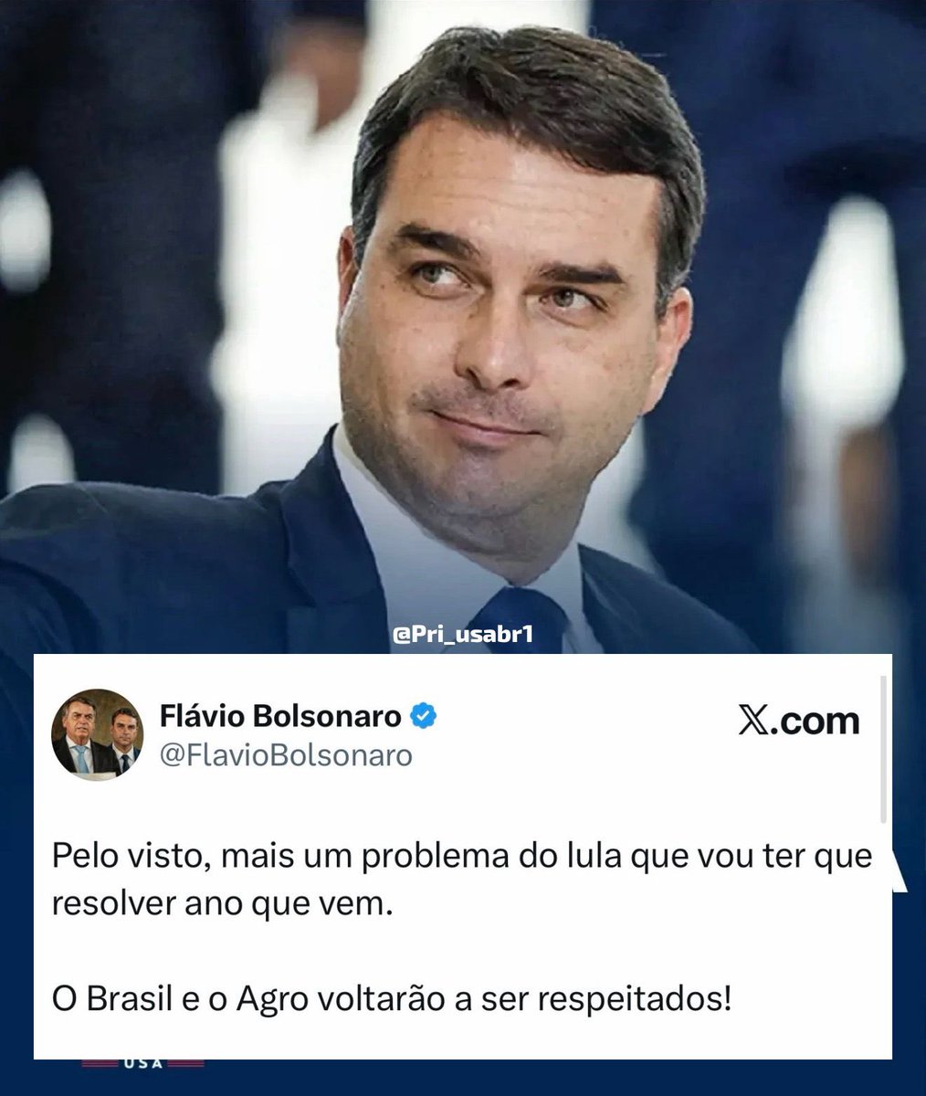 Pri_usabr1's tweet photo. FLÁVIO BOLSONARO REAGE À DECISÃO DA UNIÃO EUROPEIA E DISPARA CONTRA LULA

Após veto da UE à importação de carnes brasileiras, Flávio afirmou que a medida é “mais um problema de Lula” e declarou que caberá a ele ano que vem resolver a situação. https://t.co/KFbuFdwhbg