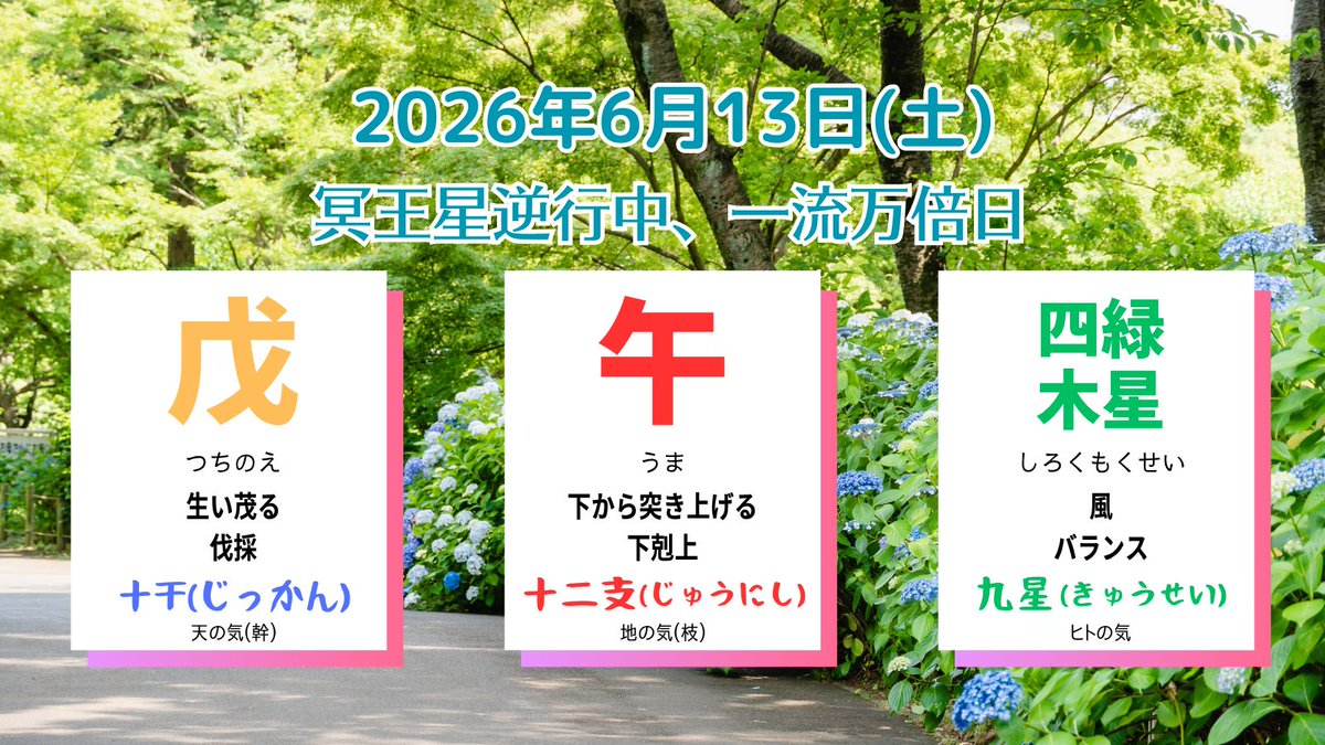 serina_uranai's tweet photo. おはようございます。2026年6月13日の暦は「戊・午・四緑木星（つちのえ、うま、しろくもくせい）」です。
「こうなったら良いな」という理想が、そのまま現実のカタチとして現れやすい日です。ただ待つだけではなく、積極的に外へと飛び出し、人と関わりに行くことが幸運を引き寄せる鍵となります。 https://t.co/fdN8h2Zdky