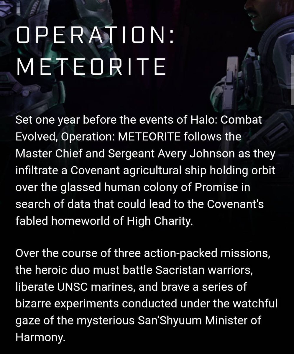 NakaiCanon's tweet photo. Judging by the description of the new prequel missions, it sounds like OPERATION METEORITE is a preparation move to gather intel for RED FLAG. 

Curious how this “Minister of Harmony” factors into all this. And his experiments…what on earth is he doing to his Sangheili?! https://t.co/wWSITF89sm