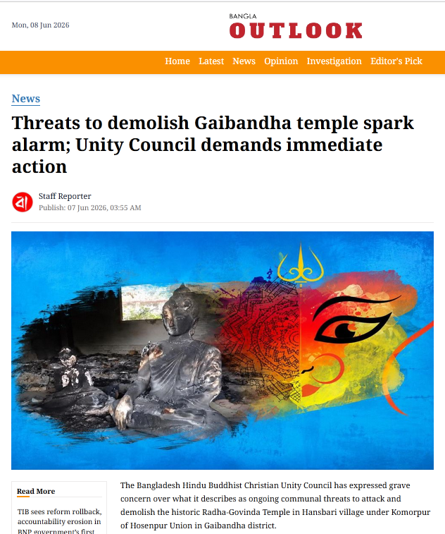 CoHNAOfficial's tweet photo. The slow genocide against Bangladeshi Hindus continues. We continue to receive alarming reports of violence against individuals and families-- property theft, rape, abduction, murder. Along with continuous violence against Hindu temples. 

The Bangladesh Hindu Buddhist  Christian Unity Council has expressed grave concern over  ongoing communal threats to attack and demolish the  historic Radha-Govinda Temple in Hansbari village under Komorpur of  Hosenpur Union in Gaibandha district. @Bangla_Outlook 

https://t.co/V0jwD4T7wa 

@USCIRF @StateDept @marcorubio @amnesty