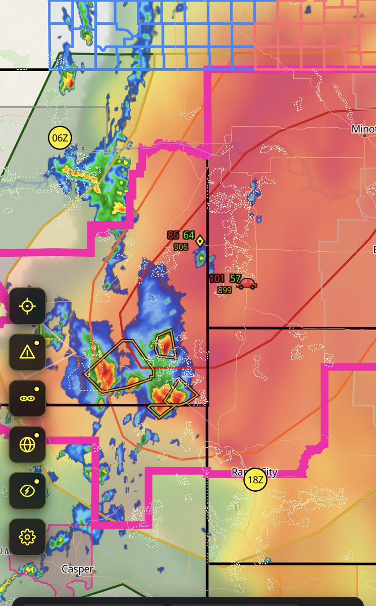 VinceWaelti's tweet photo. The bright pinks are high CAPE… Storm energy. @AidanO_wx is right in the middle with vehicle based atmospheric data. He’s got probe 9 deployed as well. PDS severe thunderstorm watch is in place, also. Winds UP TO 100mph. https://t.co/yz38ZPLWk4
