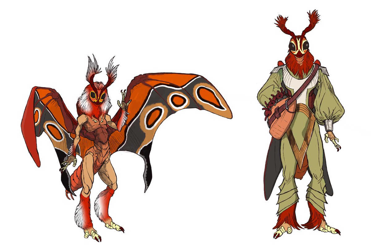 Dragoninaki's tweet photo. Here a line art commission of moth people done by @roojoeus and a colored version that I colored, these moth like creatures are descendent of early Devonian springtails, and due to that their wings are similar to those of vertrabrates
#specevo #insect #worldbuilding https://t.co/8lh8D1mHFL
