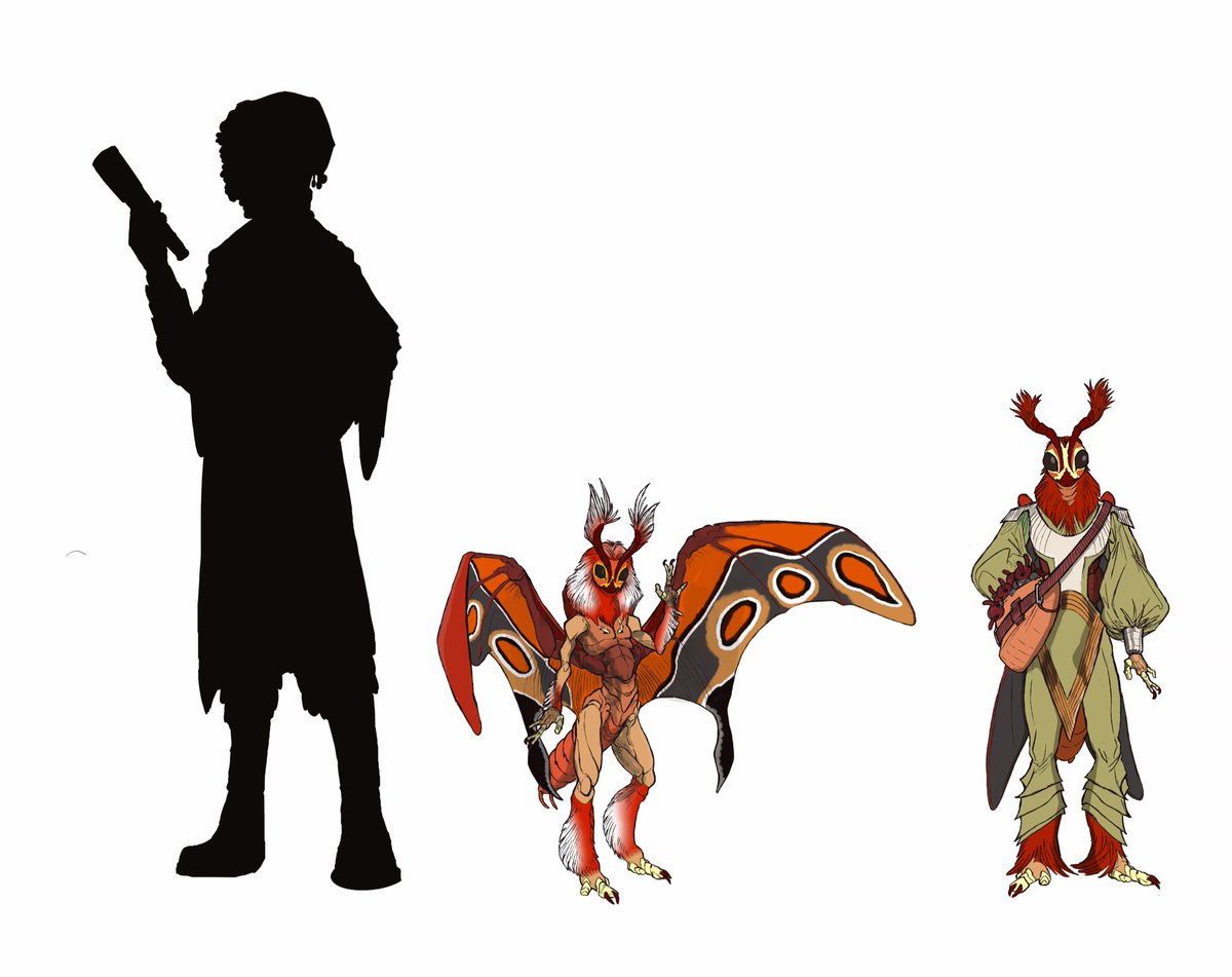 Dragoninaki's tweet photo. Here a line art commission of moth people done by @roojoeus and a colored version that I colored, these moth like creatures are descendent of early Devonian springtails, and due to that their wings are similar to those of vertrabrates
#specevo #insect #worldbuilding https://t.co/8lh8D1mHFL