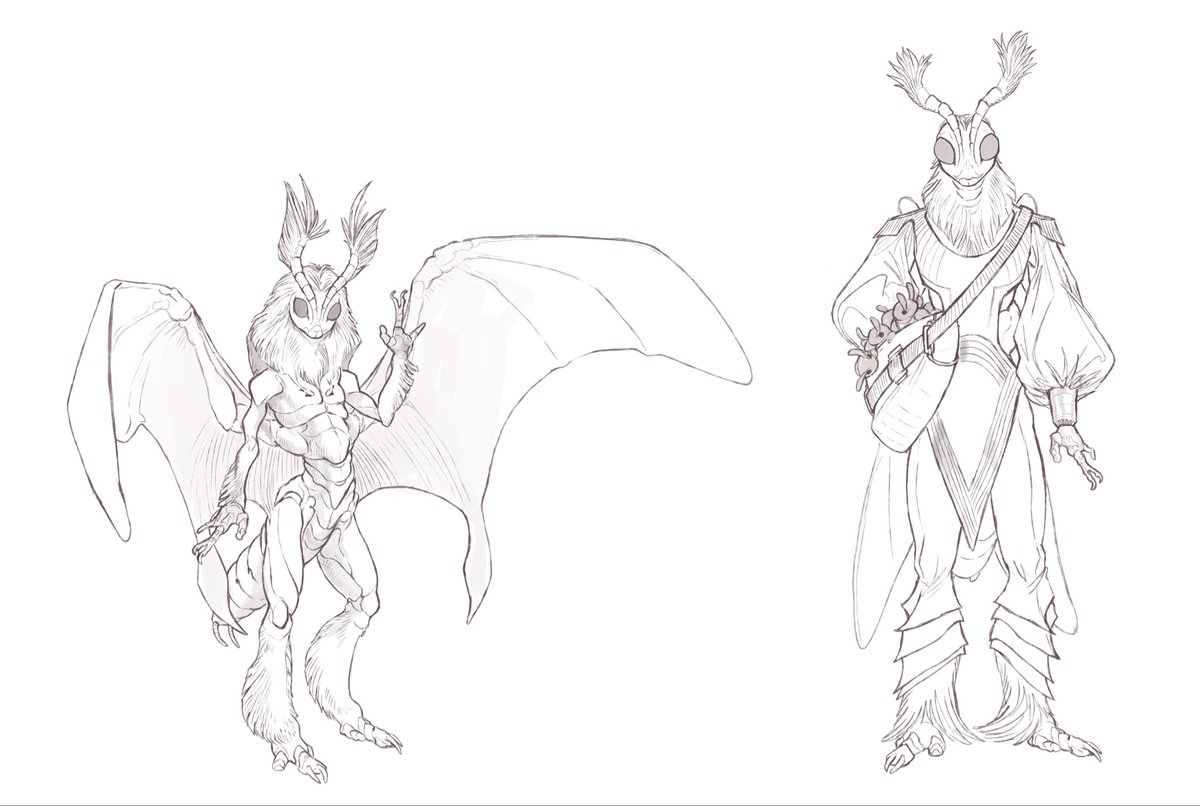 Dragoninaki's tweet photo. Here a line art commission of moth people done by @roojoeus and a colored version that I colored, these moth like creatures are descendent of early Devonian springtails, and due to that their wings are similar to those of vertrabrates
#specevo #insect #worldbuilding https://t.co/8lh8D1mHFL