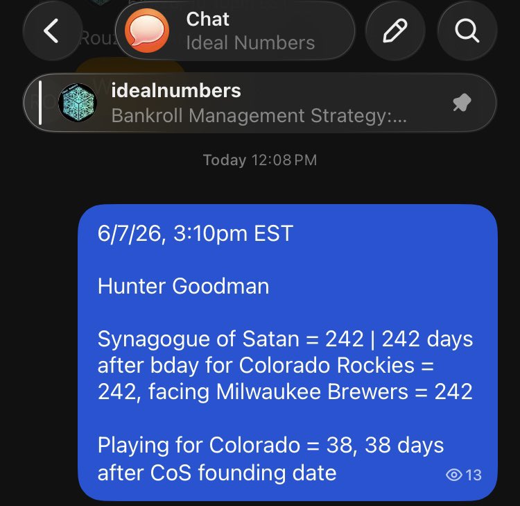 numbersideal's tweet photo. Hunter Goodman✅💰

Synagogue of Satan = 242 | 242 days after bday for Colorado Rockies = 242, facing Milwaukee Brewers = 242

Playing for the 38th state Colorado = 38, 38 days after CoS founding date

#Rockies #MLB #Gematria https://t.co/GxtTsUF73d