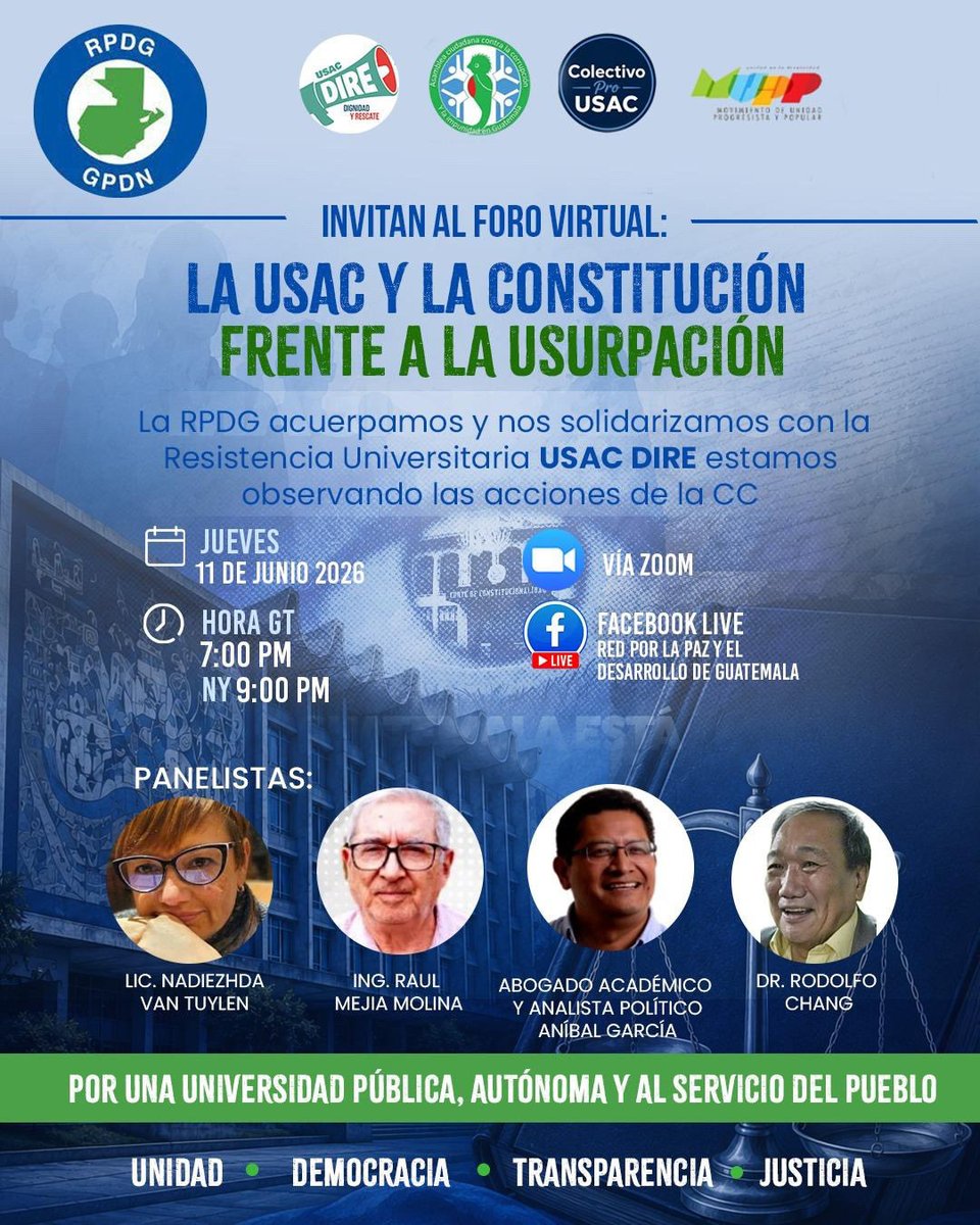 usac_dire's tweet photo. 📢La defensa de la universidad pública también se construye con diálogo.

Participa en este foro virtual para analizar los desafíos que enfrenta la USAC y la importancia de fortalecer la institucionalidad y la educación pública en Guatemala. ⚖️🇬🇹

#Guatemala #USAC #USACDIRE https://t.co/KAtWNgMMvb