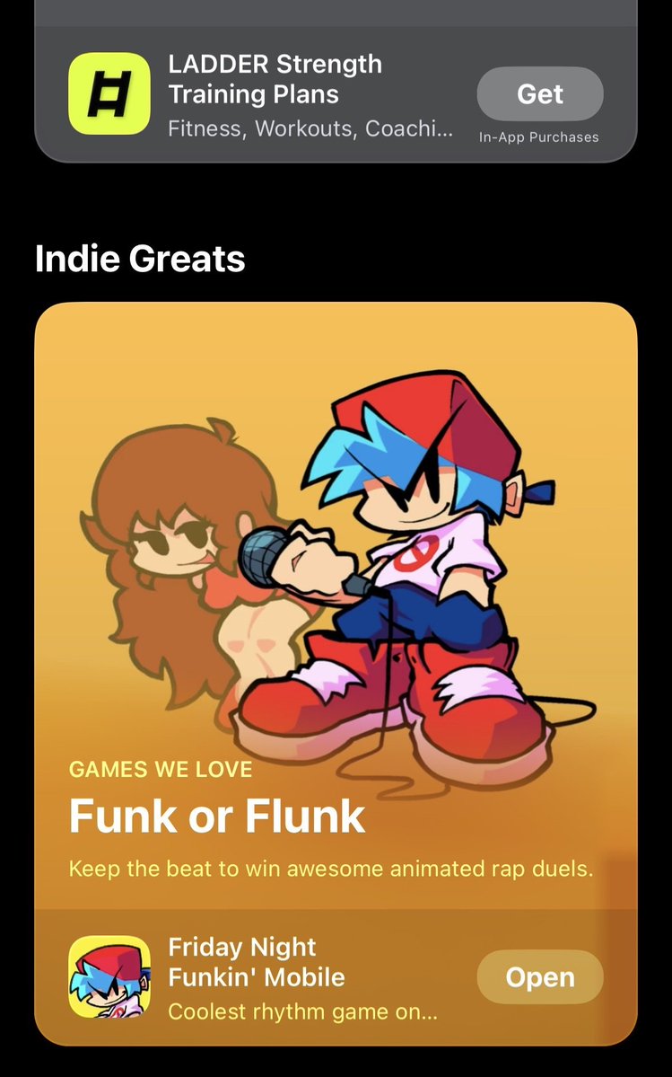 News_Funkin's tweet photo. Apple calls Friday Night Funkin' one of the "Indie Greats" 👀 https://t.co/dOFbLWme7i