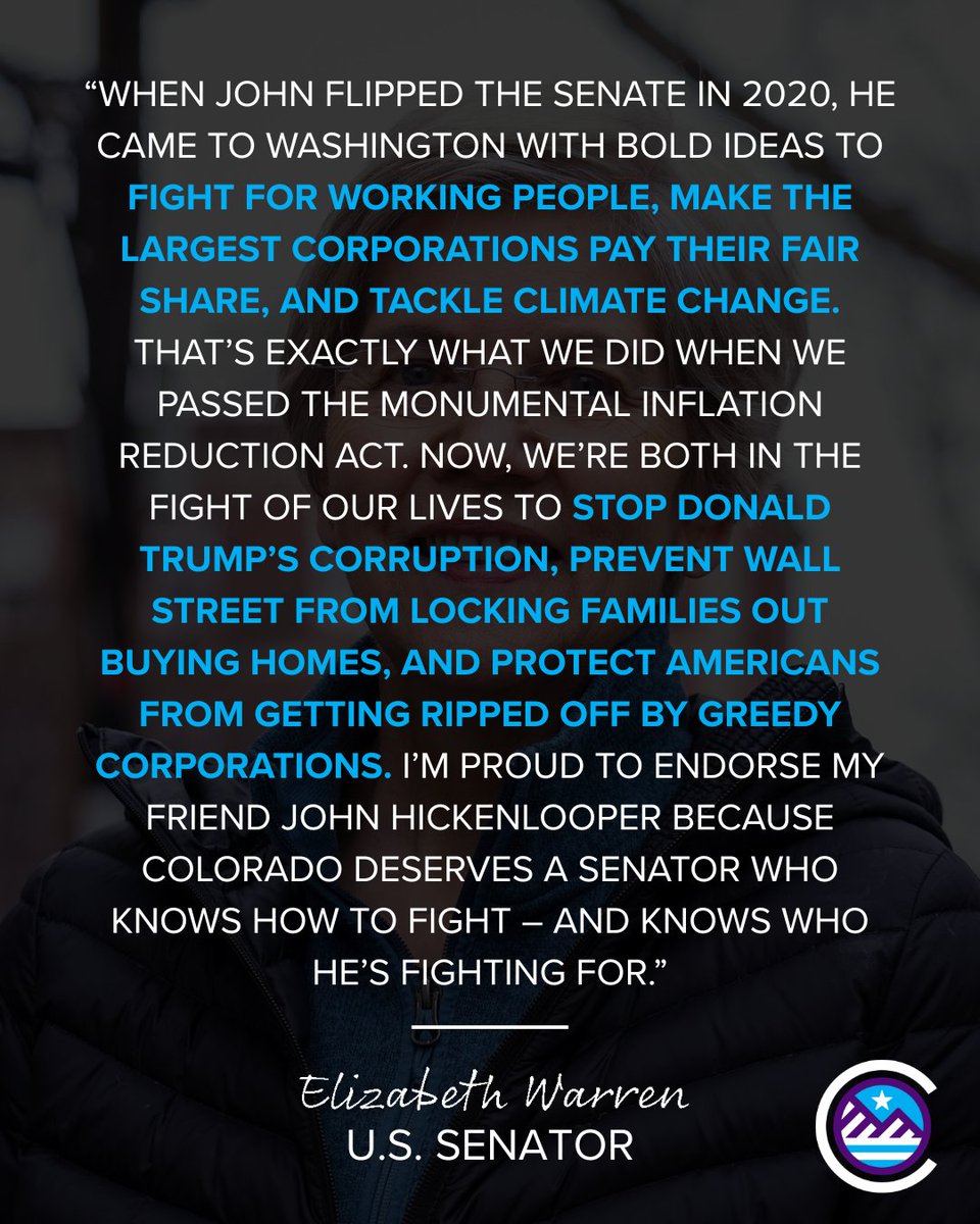 Hickenlooper's tweet photo. We are incredibly honored to have the support of U.S. Senator Elizabeth Warren.

We’re fighting to lower costs, create more affordable and accessible health care, and to build an economy that works for everyone – not just the wealthy few.

We’re taking back the Senate this November and bringing Trump’s reckless policies to a screeching halt. We’re glad to have you with us.