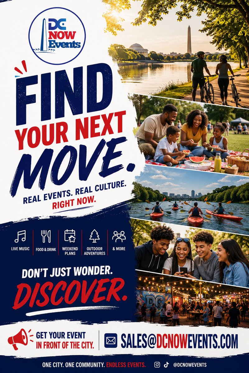 DCNowEvents's tweet photo. Still looking for something to do going into the new week?

Find your next move.

📩 Get your event featured?
SALES@DCNOWEVENTS.COM

DC Now Events connects people to what matters to them across the Nation’s Capital, from live music and food experiences to festivals, markets, and nightlife.
