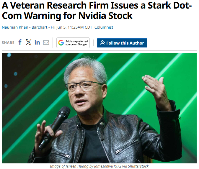Barchart's tweet photo. Nvidia $NVDA looks unstoppable just like Cisco $CSCO did before the Dot Com Bubble Burst warns TS Lombard 🚨🤯👀 https://t.co/VvVbDjEf4q