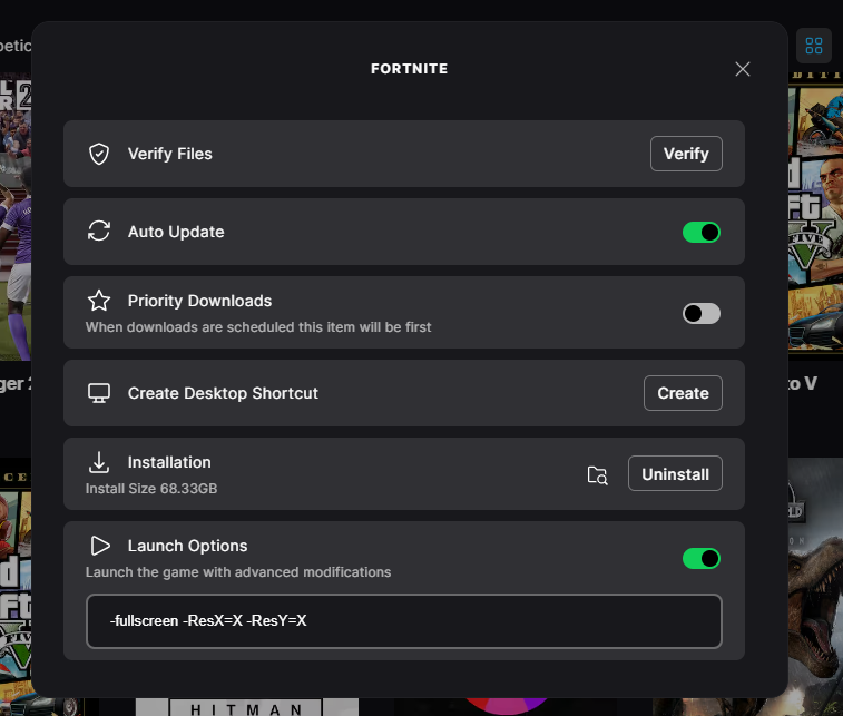 ZeerozTV's tweet photo. Pour ceux qui ont le souci du plein écran qui se réinitialise à chaque fois : ajoutez simplement cet argument dans les options de lancement de votre jeu :

-fullscreen

Et si vous voulez aussi forcer une résolution précise (par exemple, résolution étirée même si ça ne sert à plus rien sur Fortnite) :

-ResX=X -ResY=X

Remplacez les X par votre résolution.