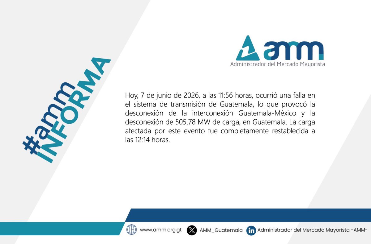 AMM_Guatemala's tweet photo. #amm_informa sobre evento registrado hoy, domingo 7 de junio a las 11:56 horas. El servicio interrumpido a causa de este evento quedo completamente restablecido a las 12:14 horas. https://t.co/J6AOk7CPG7