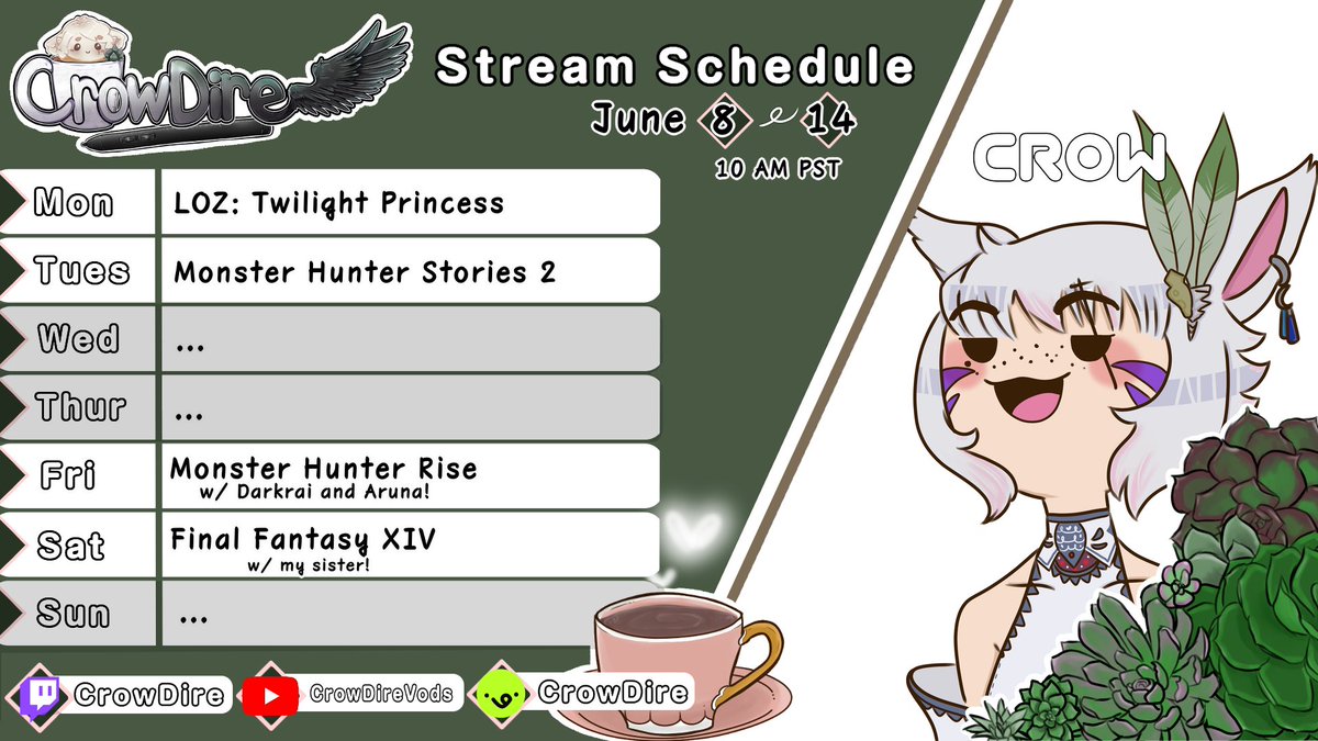crow_dire's tweet photo. ☕06/08 to 06/14☕️

Busy week! Also I will be moving my days off to more Wednesday/Thursdays because it works better for my family.

☕️Twitch: https://t.co/LF2XqCIMyG
☕️Linktree: https://t.co/o3Ywe9lP8P
☕️VGen: https://t.co/0OngrIbZYe https://t.co/FA7a1kv5hB